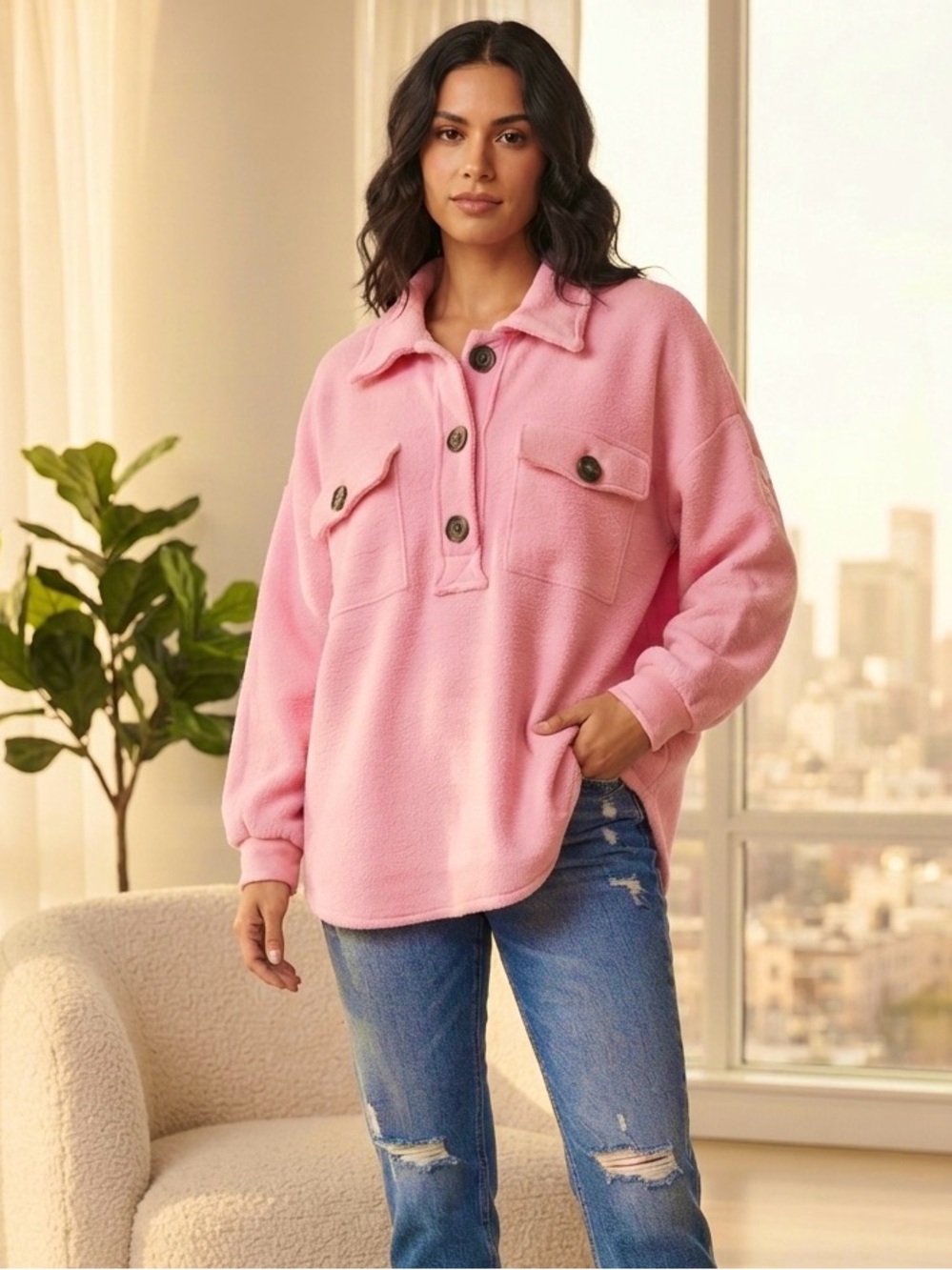BUCKETLIST Pink Fleece Pullover Shacket